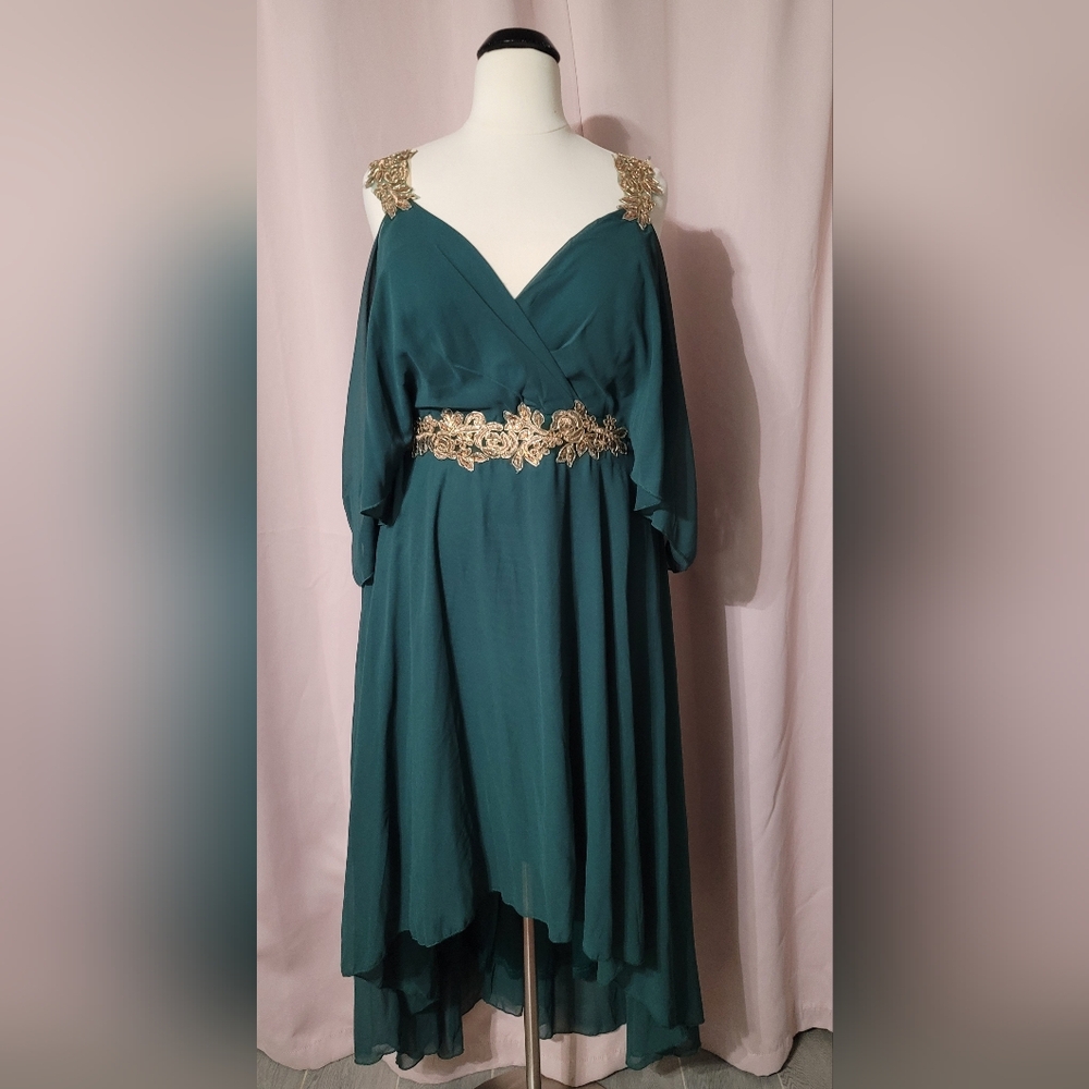 Forest Green & Gold Chiffon Cold Shoulder Gown